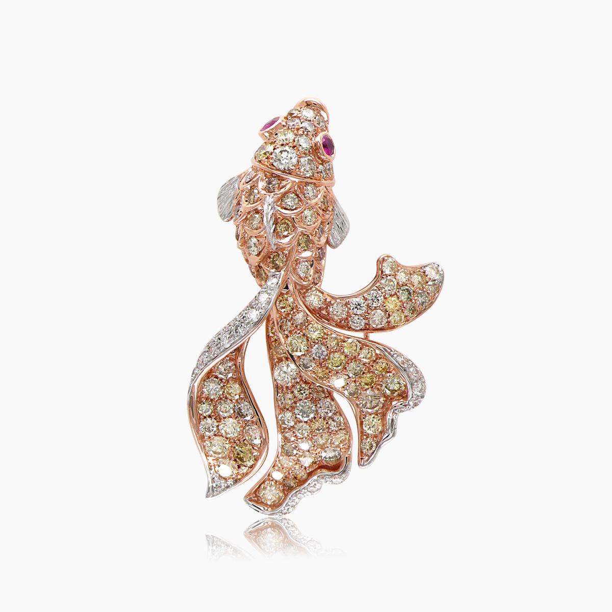 Sea Fish White Yellow Diamond Pave & Ruby 18K Rose Gold Animal Ring In New Condition For Sale In Oakton, VA