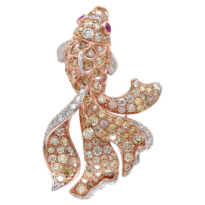 Anillo animal pez marino diamante amarillo blanco pavé y rubí oro rosa de 18 quilates