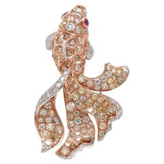 Anillo animal pez marino diamante amarillo blanco pavé y rubí oro rosa de 18 quilates