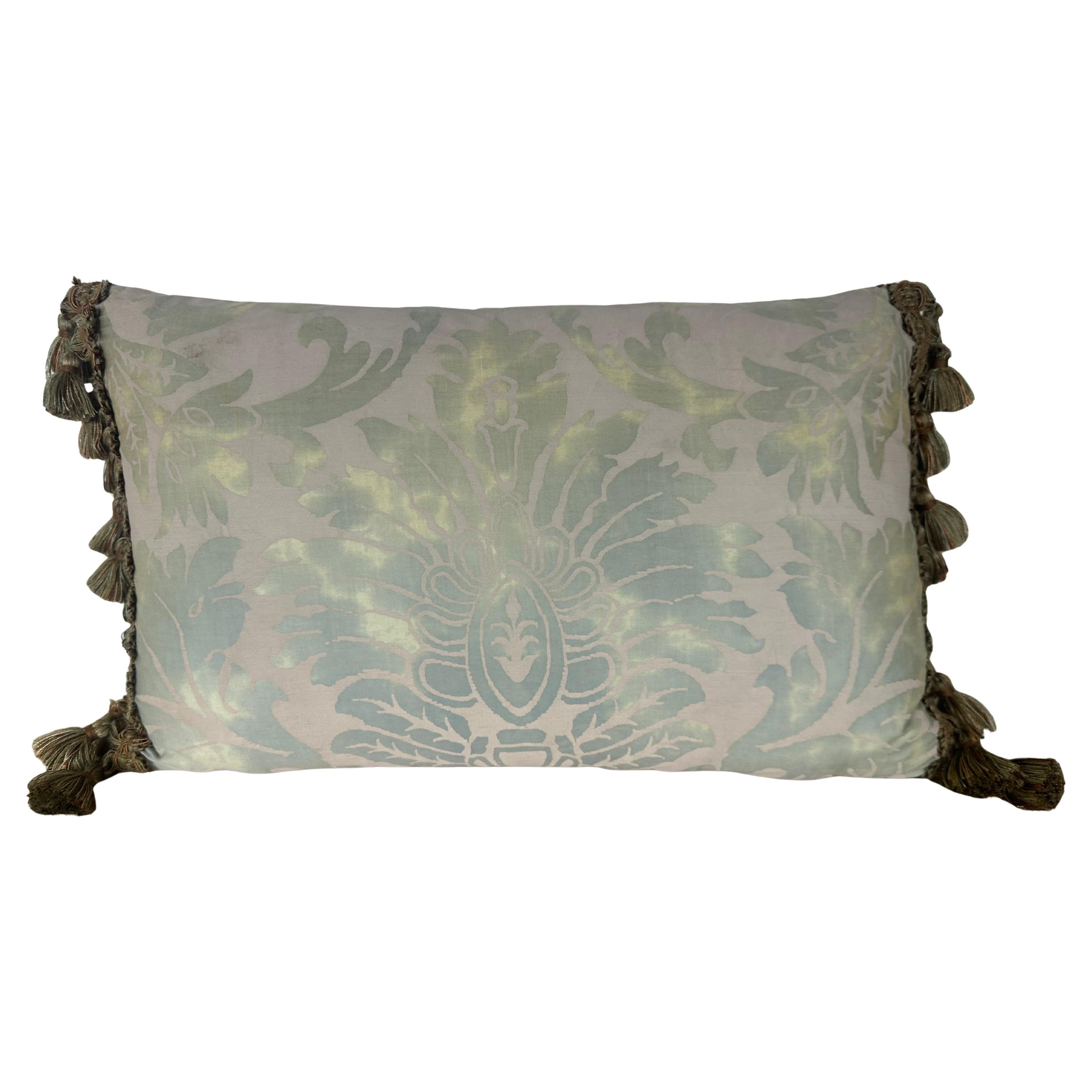 Sea-foam Green Damask Pillow with Fringe For Sale
