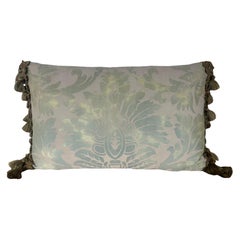 Sea-Foam Green Damask Pillow with Fringe, Rococo Style, USA