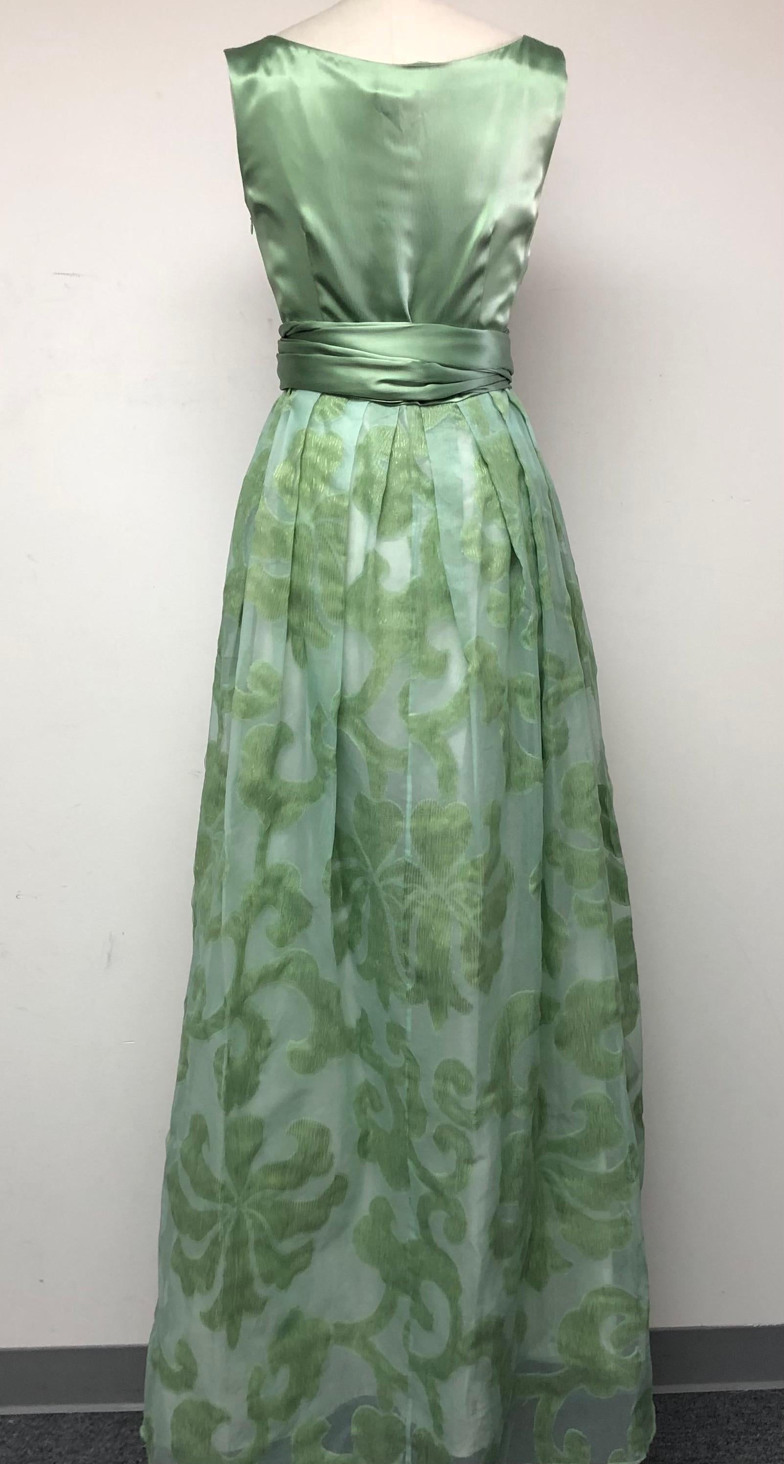 Women's Sea Foam Green Satin and Fil Coupe Tucked Bodice Full Skirt Gown For Sale