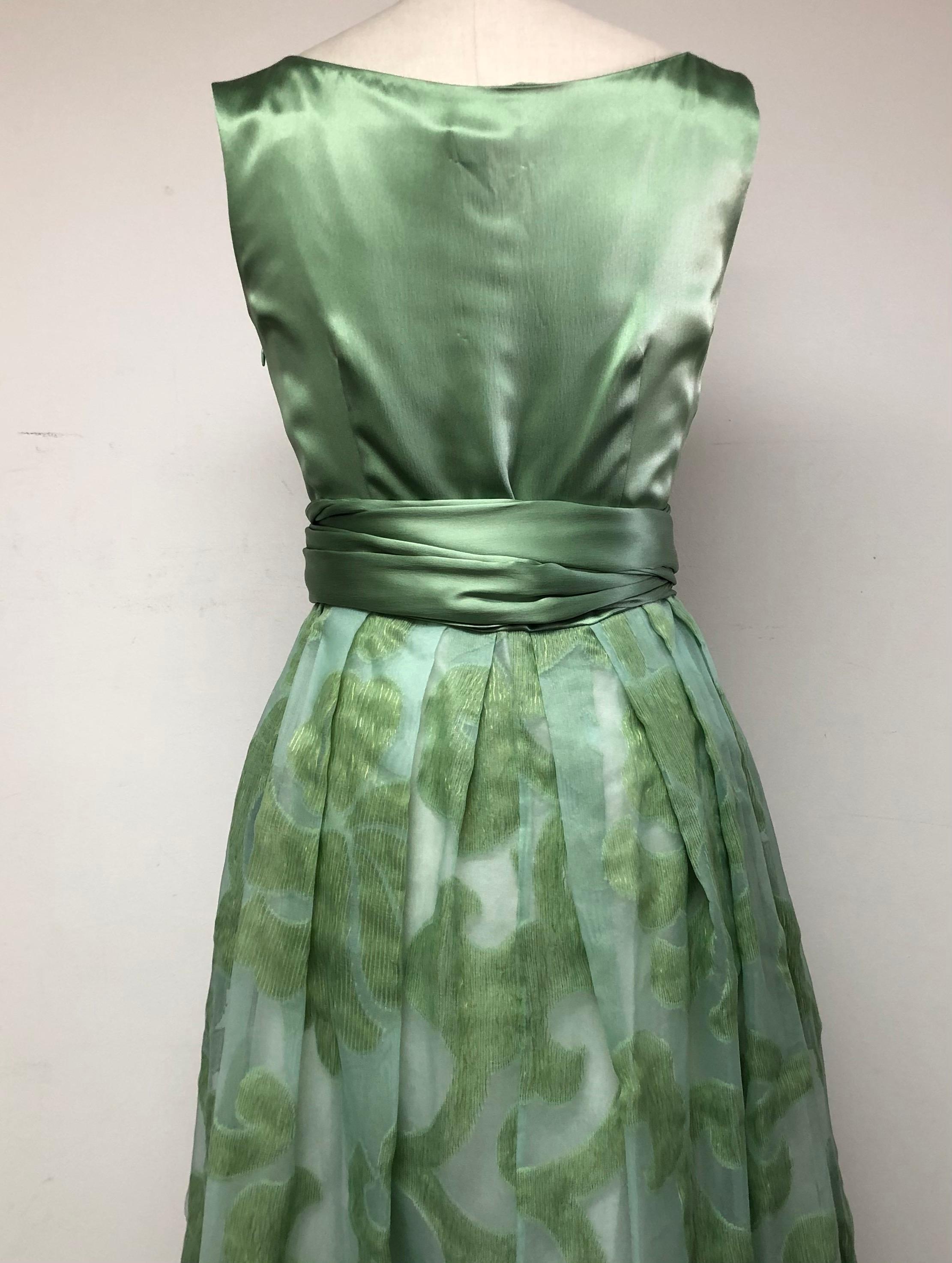 Sea Foam Green Satin and Fil Coupe Tucked Bodice Full Skirt Gown For Sale 2
