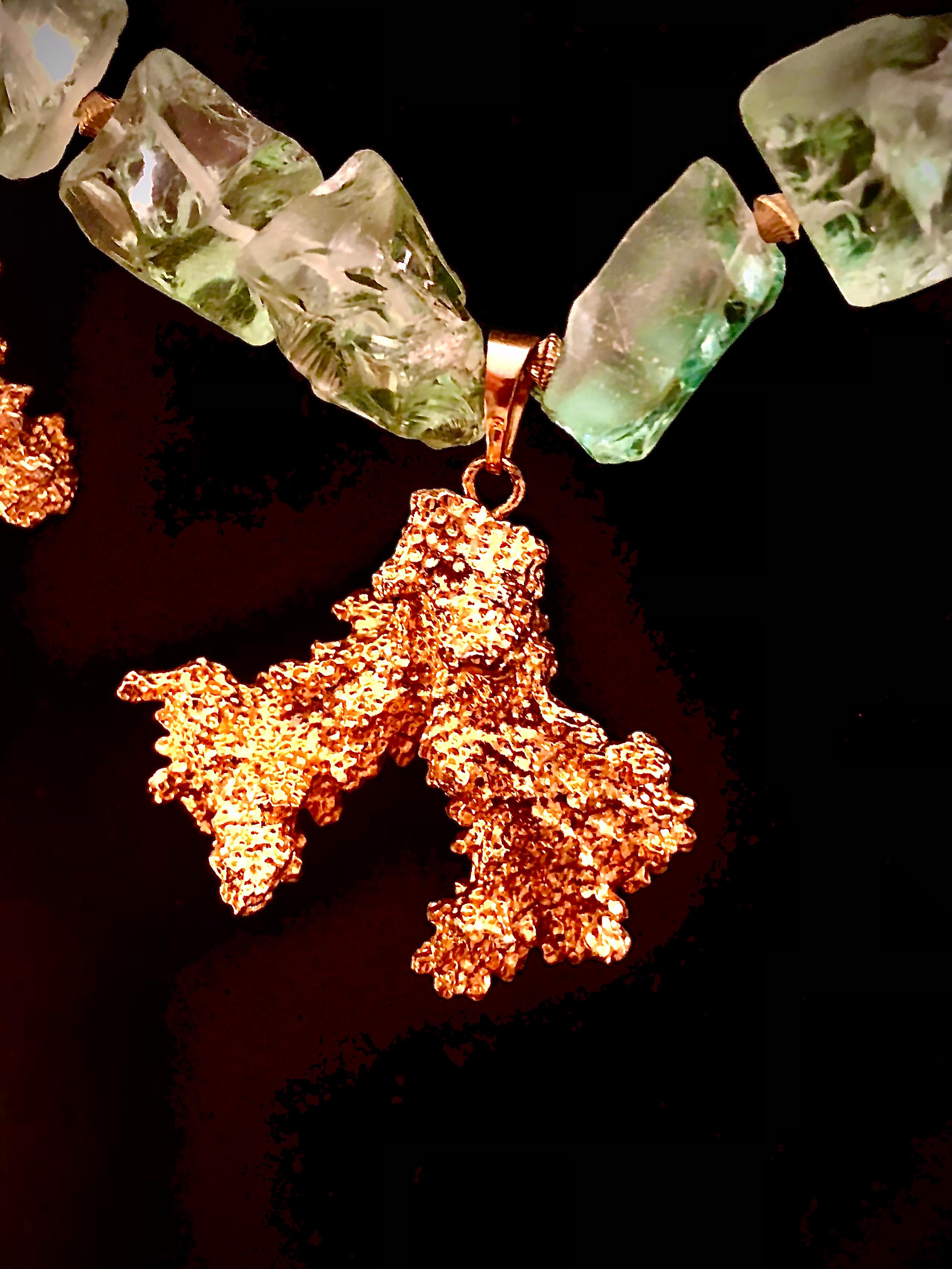 Modern Sea foam green tumbled fluorite beads necklace w/ gold gilt branches of coral For Sale