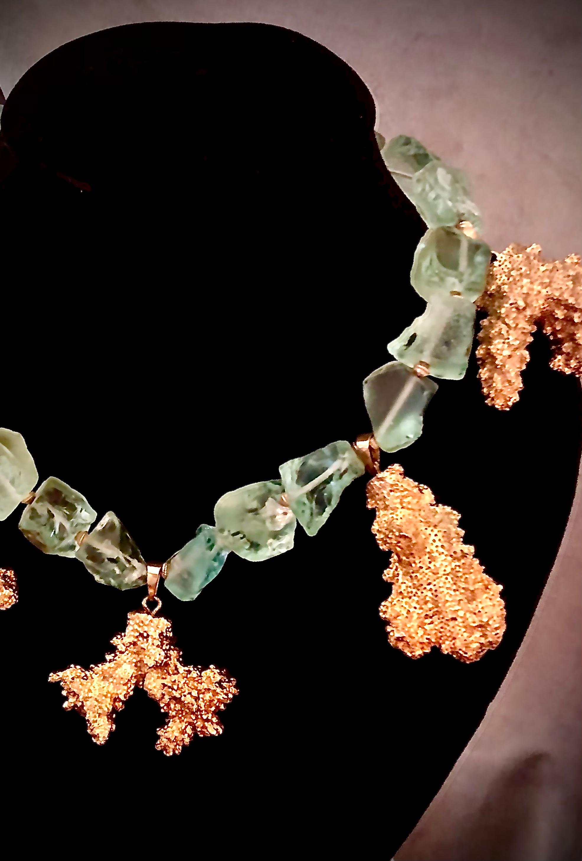 Uncut Sea foam green tumbled fluorite beads necklace w/ gold gilt branches of coral For Sale