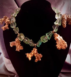 Sea foam green tumbled fluorite beads necklace w/ gold gilt branches of coral