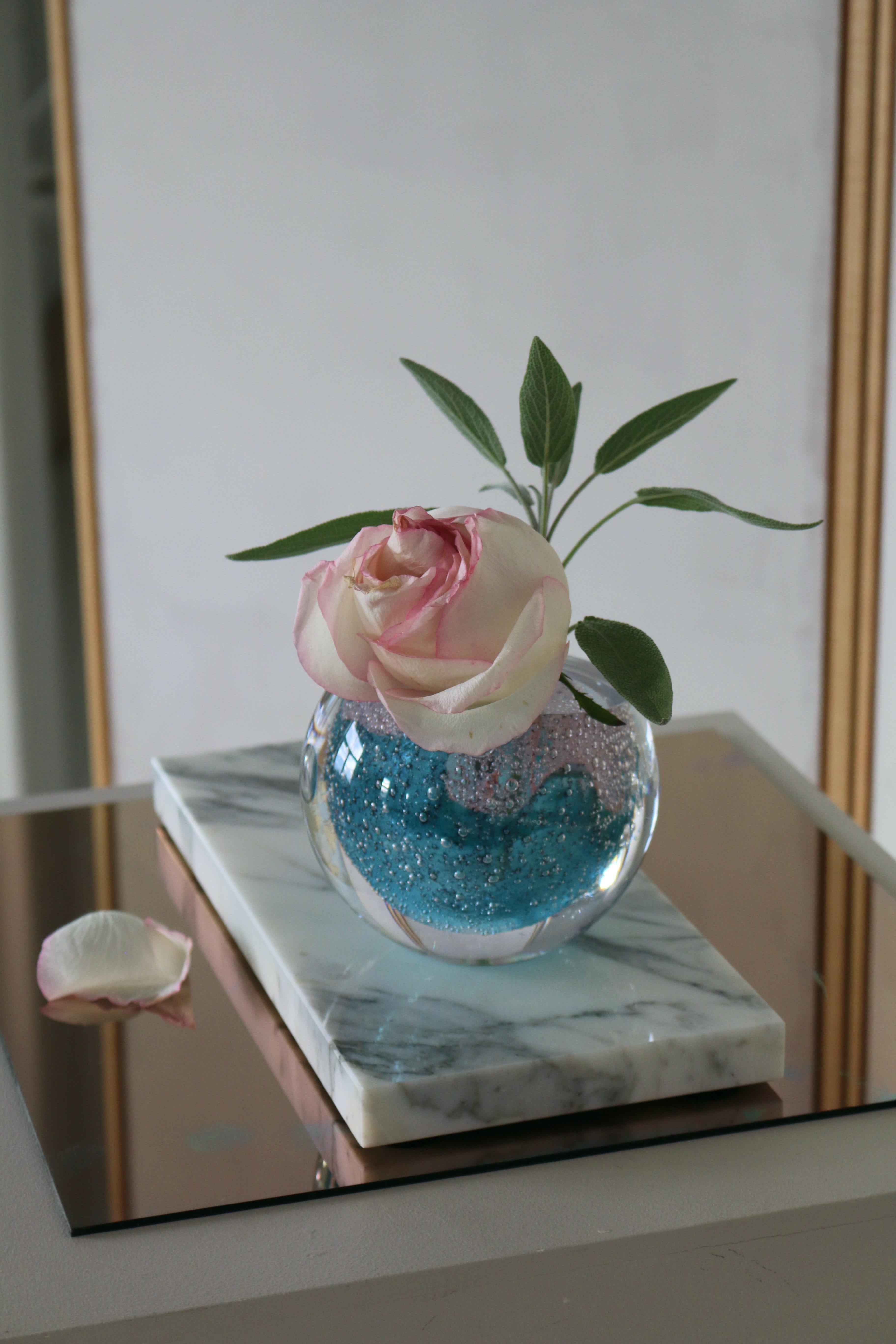 Contemporary 'Sea Foam' Vase in Pink & Blue on Marble For Sale