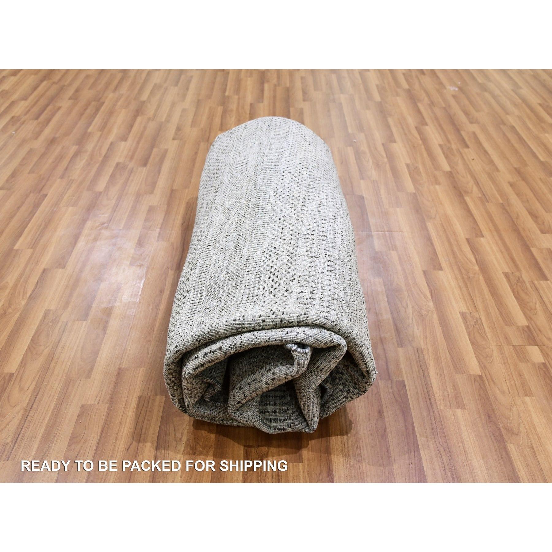 Tapis rond noué à la main en pure laine non teintée à motif de gazon gris de mer 9'8