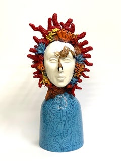 Pezzo decorativo in ceramica con testa di corallo, fatto a mano in Italia, 2021, lavorato a mano