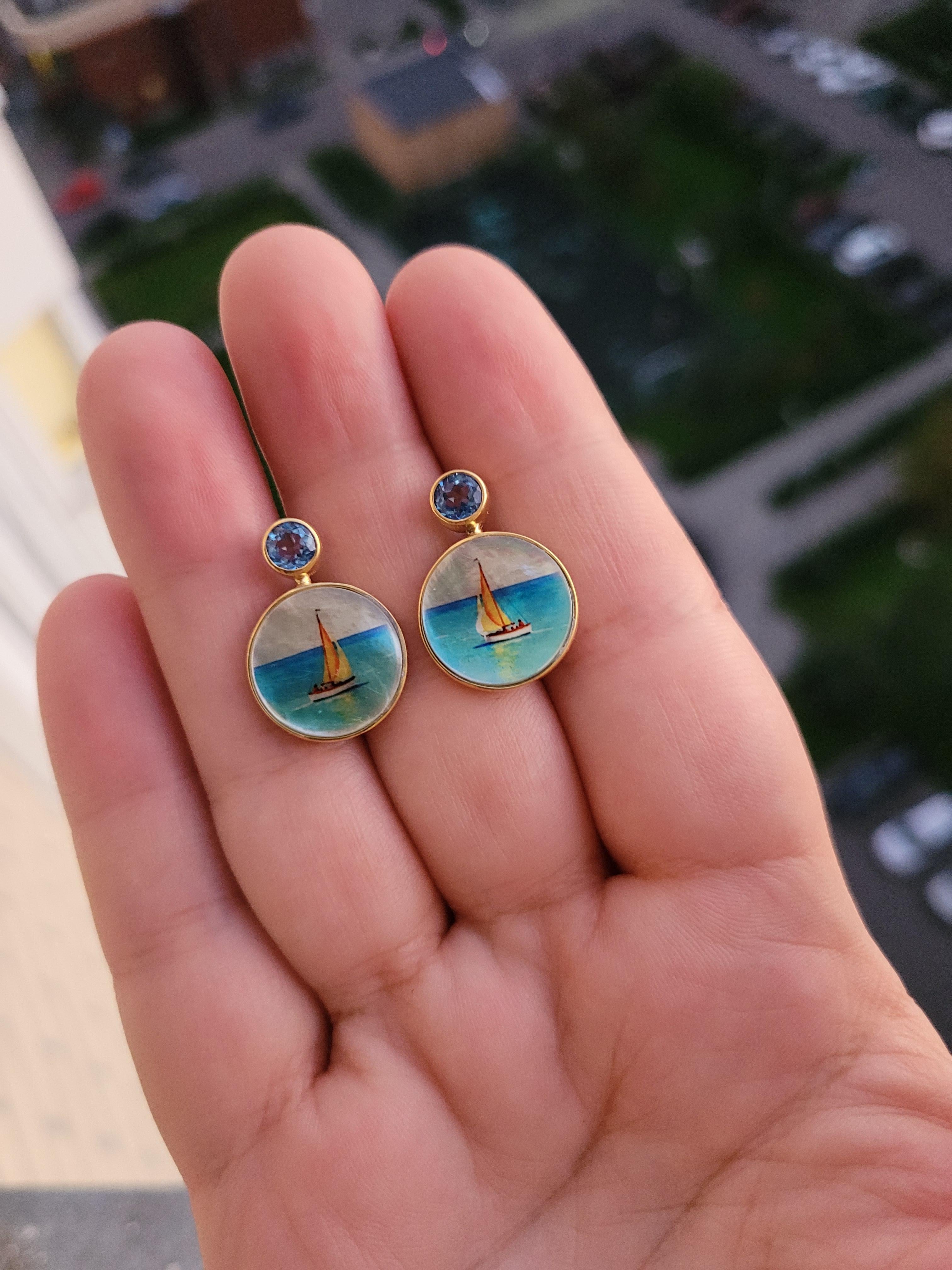Boucles d'oreilles d'inspiration marine, voilier, yacht avec topaze et nacre en vente 4
