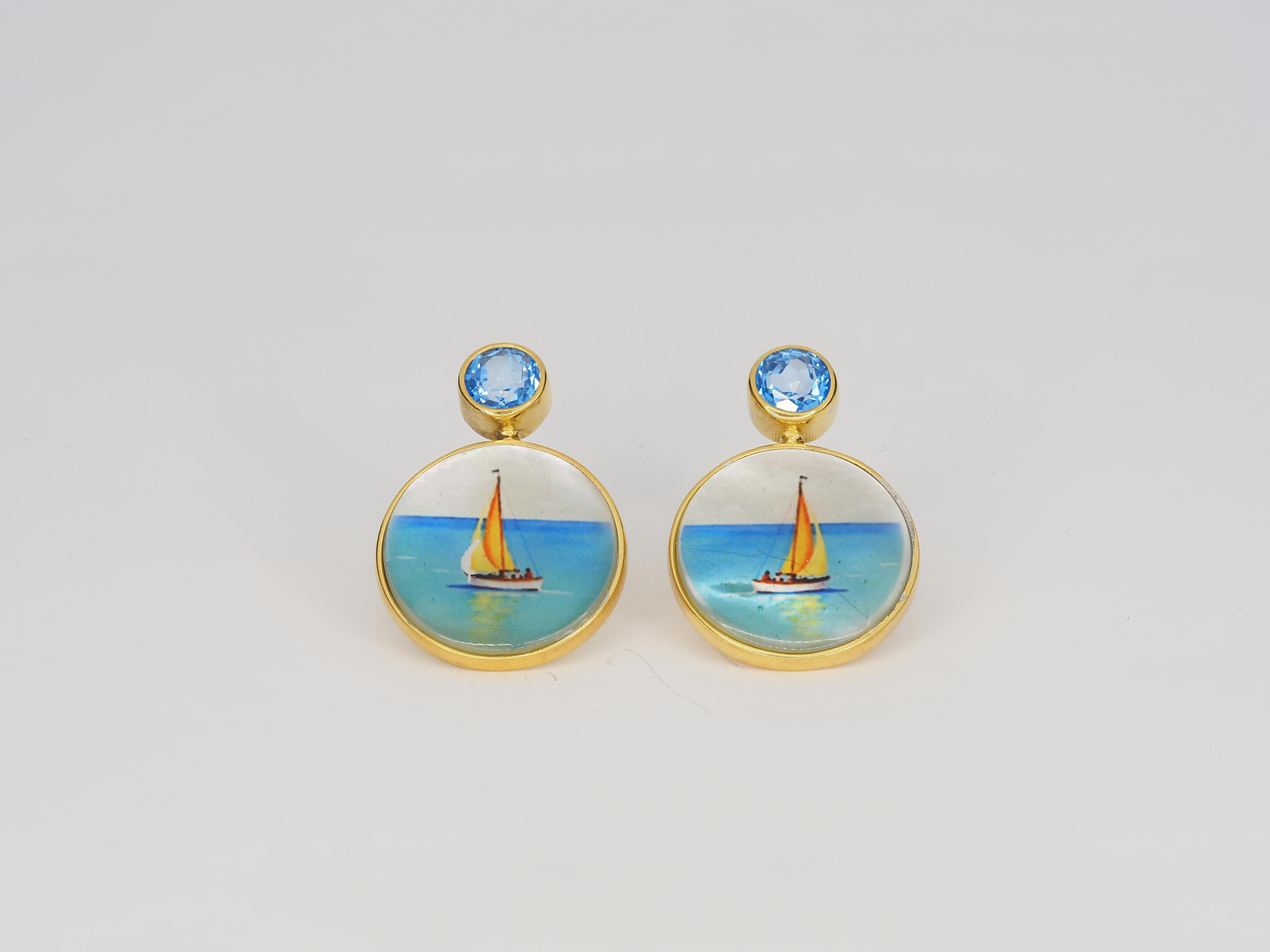 Boucles d'oreilles d'inspiration marine, voilier, yacht avec topaze et nacre Neuf - En vente à Istanbul, TR