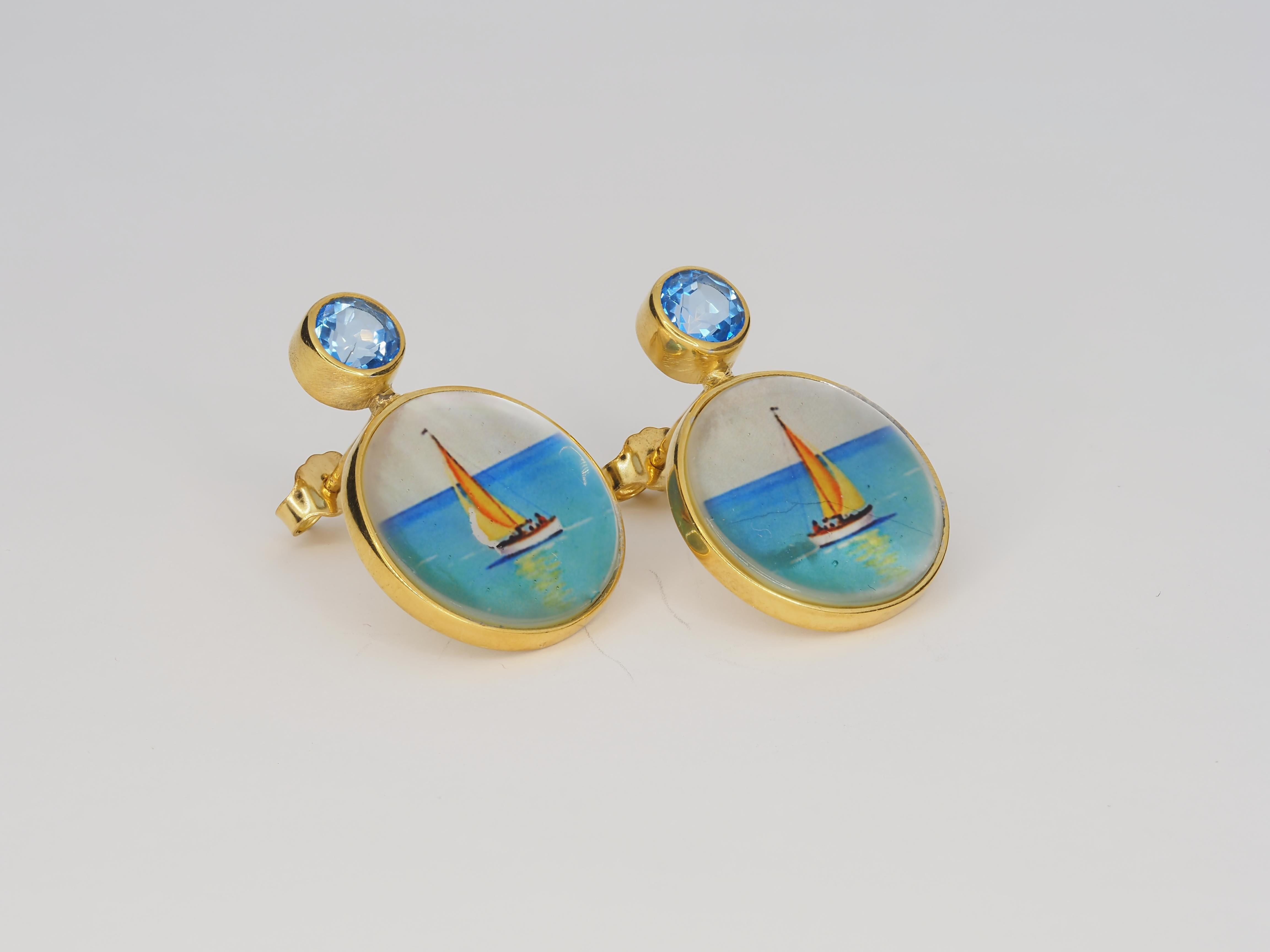 Boucles d'oreilles d'inspiration marine, voilier, yacht avec topaze et nacre en vente 1