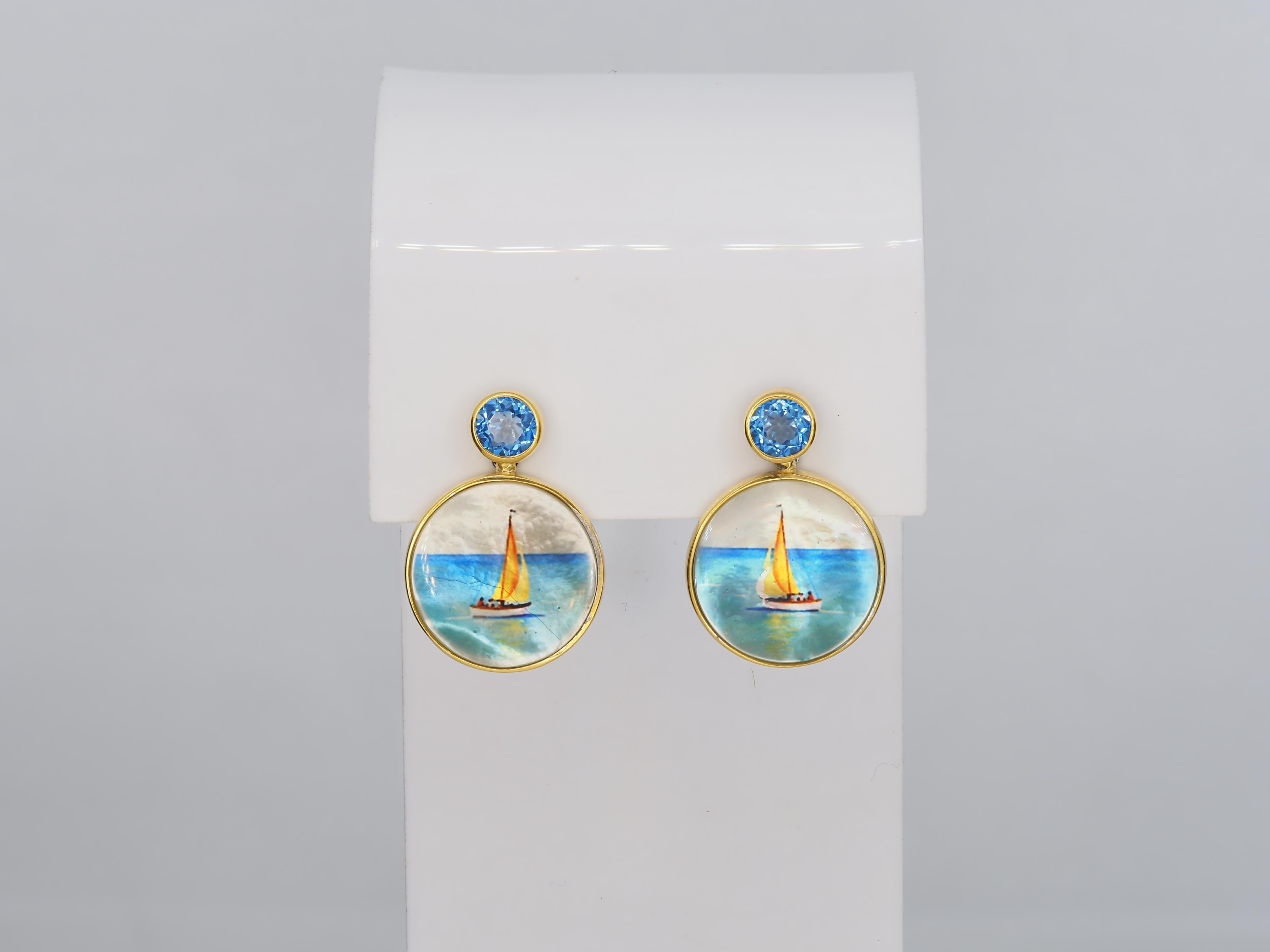 Boucles d'oreilles d'inspiration marine, voilier, yacht avec topaze et nacre en vente 2
