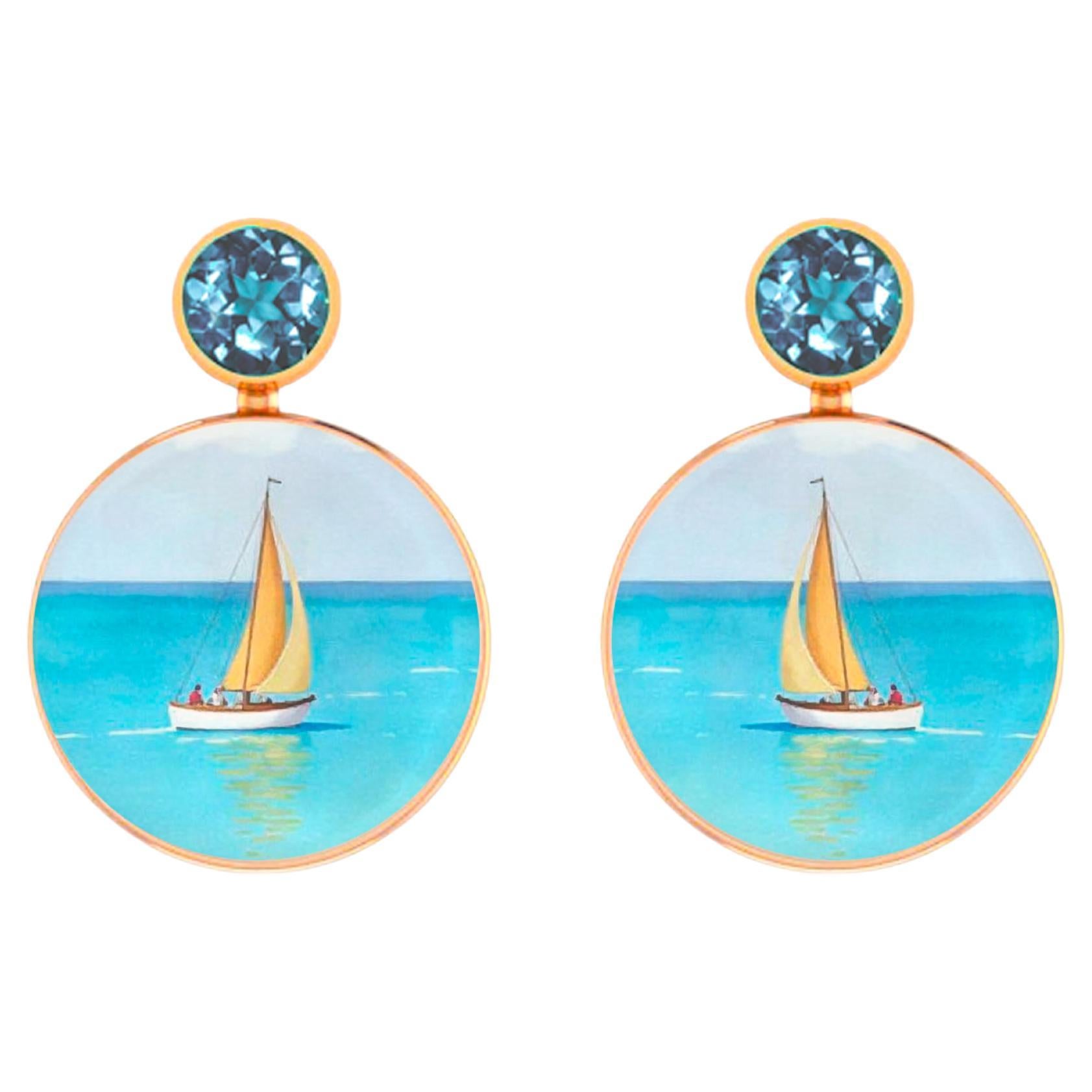 Pendientes inspirados en el mar, velero, yate, con topacio y madreperla