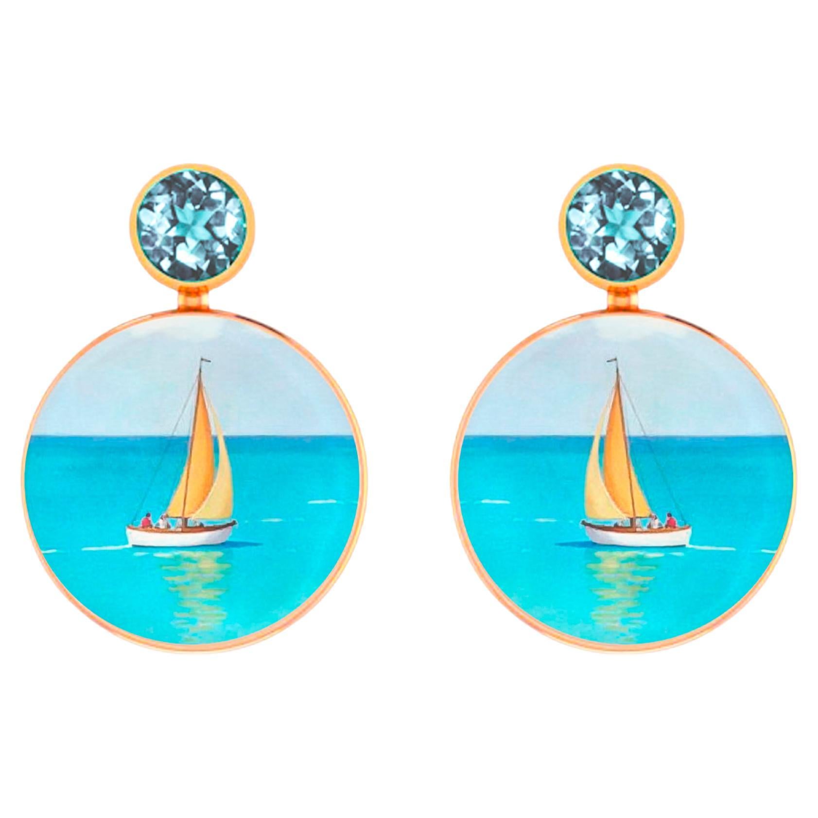 Pendientes inspirados en el mar, velero, yate, con topacio y madreperla