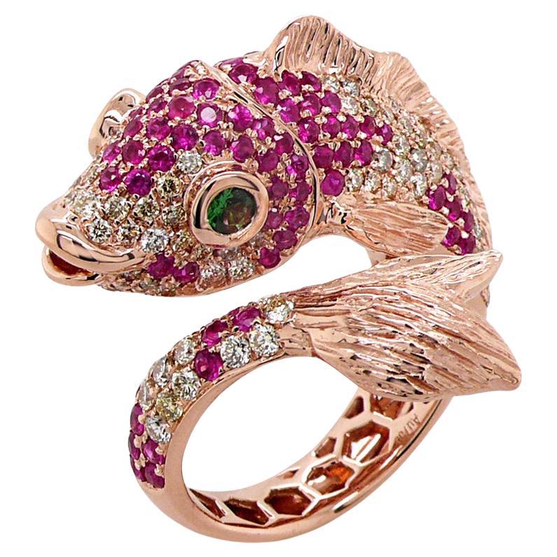 See Koi Fisch Diamant Pave & Rubin 18K Rose Gold Tier Ring