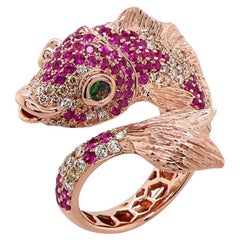 Sea Koi Fish Diamond Pave & Ruby 18K Rose Gold Animal Ring