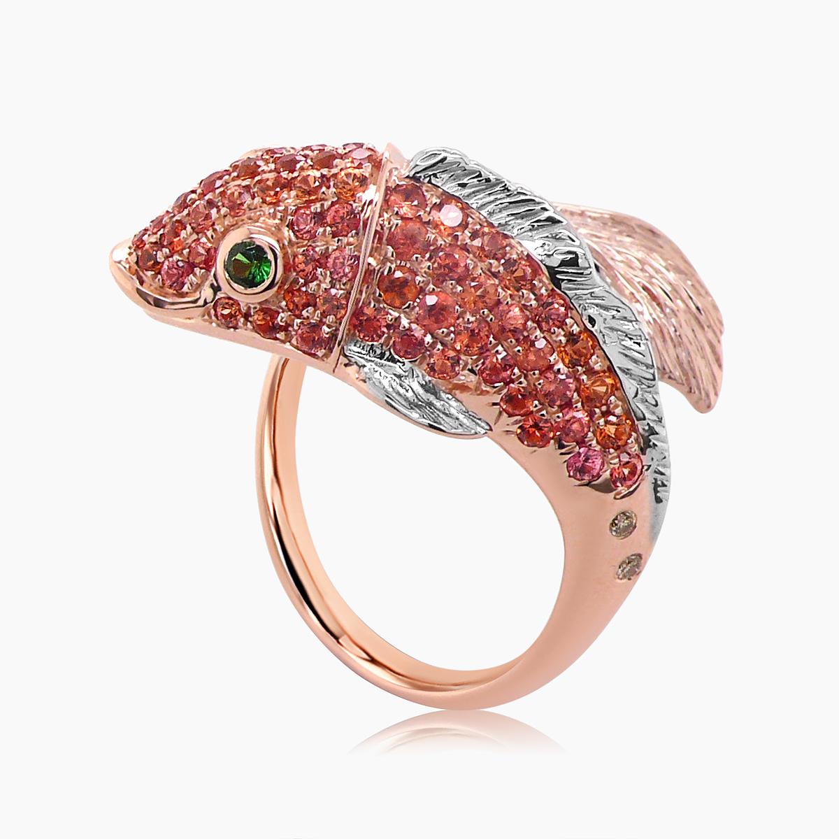 Sea Koi Fish Orange Sapphire Diamond Pave & Green 18K Rose Gold Animal Ring In New Condition For Sale In Oakton, VA