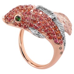 Sea Koi Fish Orange Sapphire Diamond Pave & Green 18K Rose Gold Animal Ring