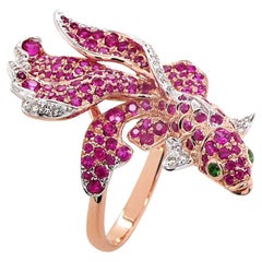 Sea Koi Fish Ruby Diamond Pave & Green 18K Rose Gold Animal Ring