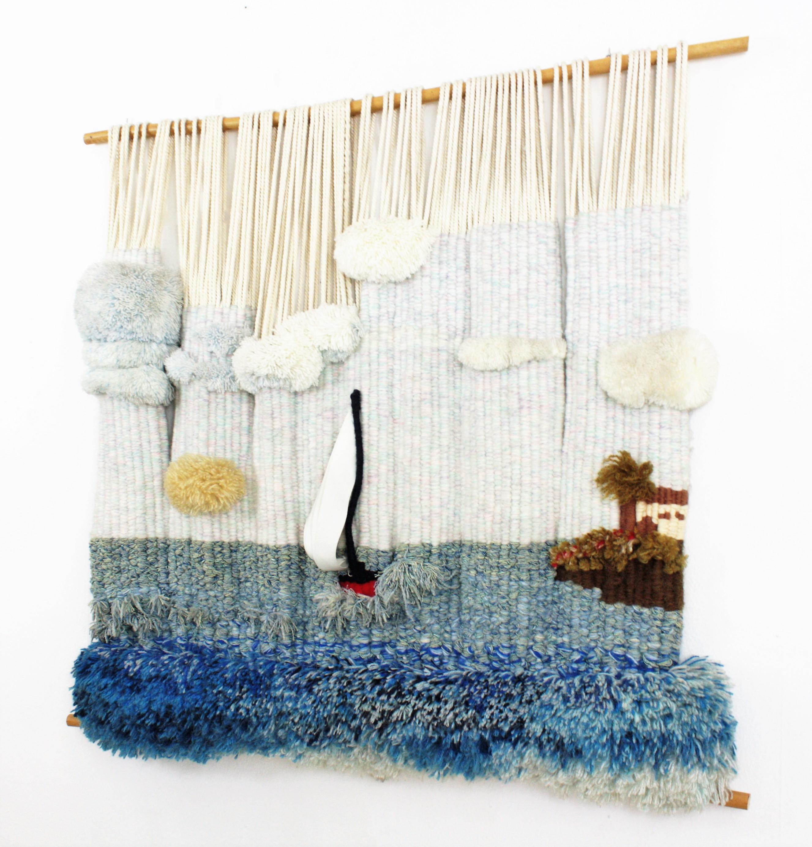 Mid-Century Modern Sea Landscape Macrame Wall Hanging Tapestry / Textile Wall Art, 1970s