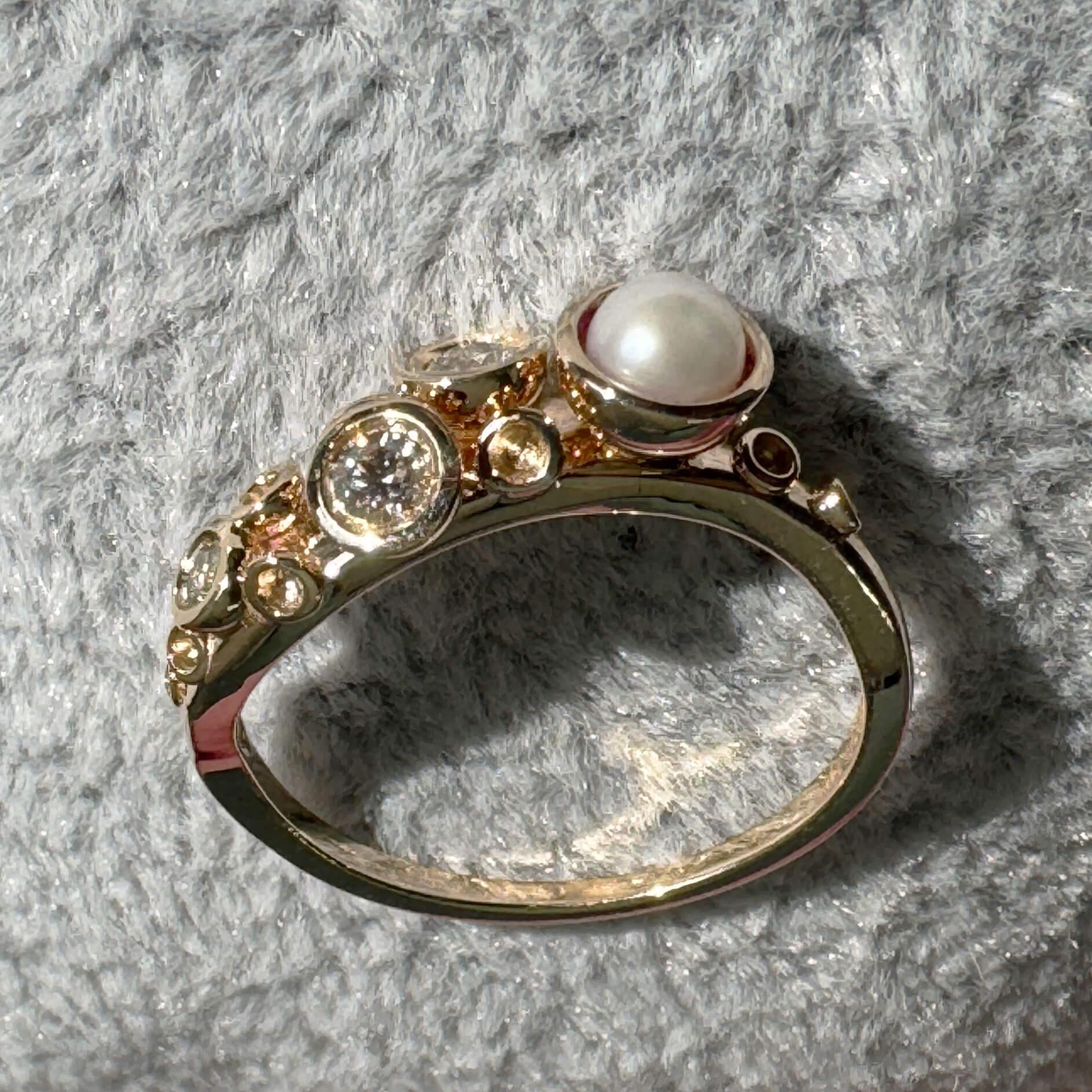 Modern Sea-life Octopus Movable Tentacle Diamond Pearl 14k Gold Ring For Sale