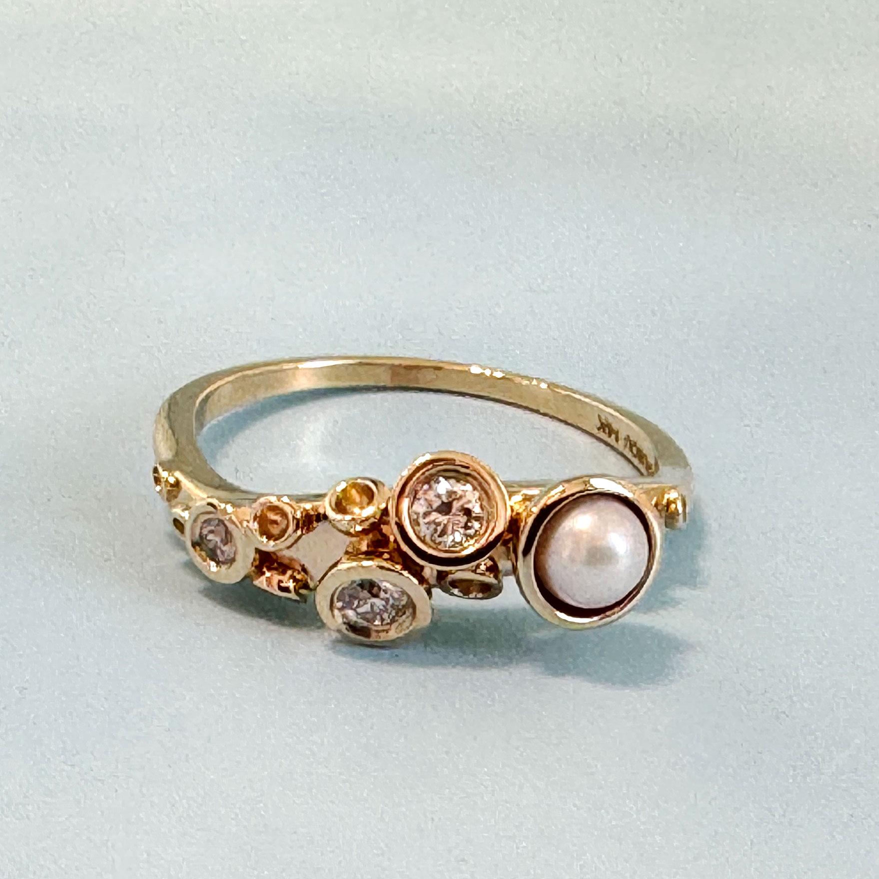 Women's Sea-life Octopus Movable Tentacle Diamond Pearl 14k Gold Ring For Sale