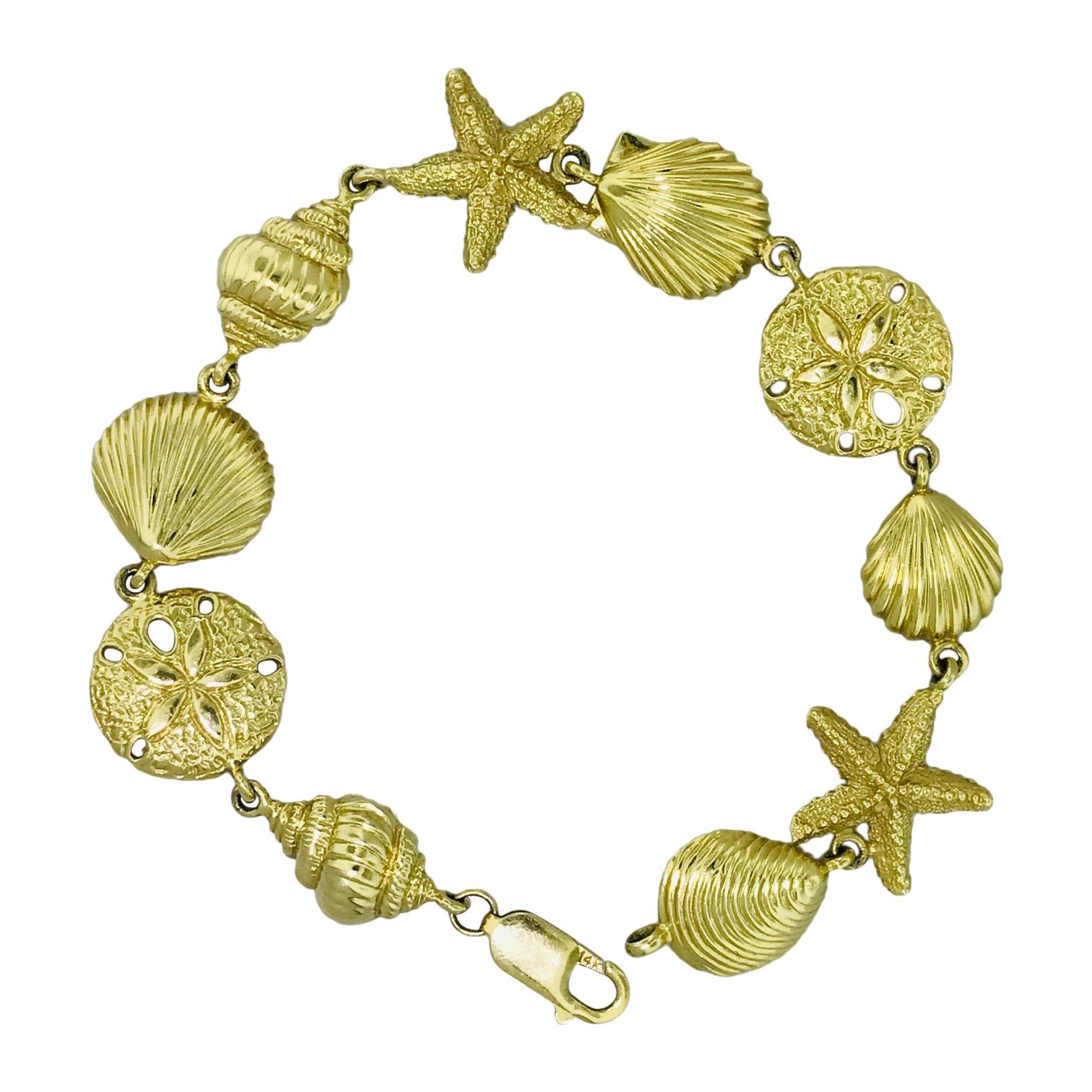 Sea Life Yellow Gold Bracelet with Large Shell, Starfish, Sea Dollars For Sale