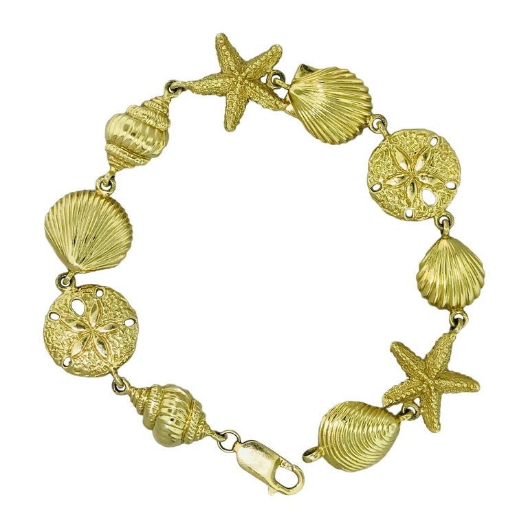 Sea Life Yellow Gold Bracelet with Large Shell, Starfish, Sea Dollars ...
