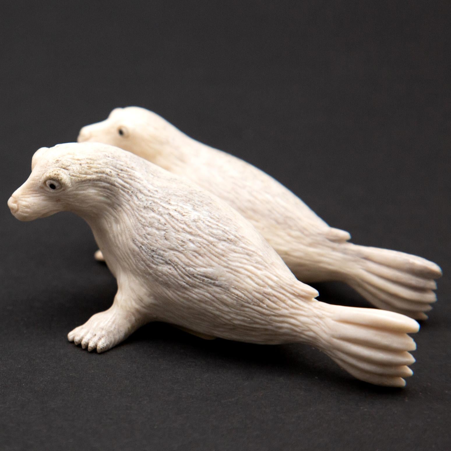 Stone Sea Lion Couple Moose Antler Carving