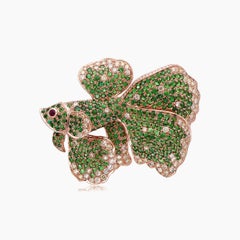 Sea Lion Fish Diamond Green Garnet & Ruby 18K Rose Gold Pin Brooch