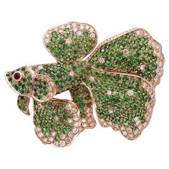 Sea Lion Fish Diamond Green Garnet & Ruby 18K Rose Gold Pin Brooch