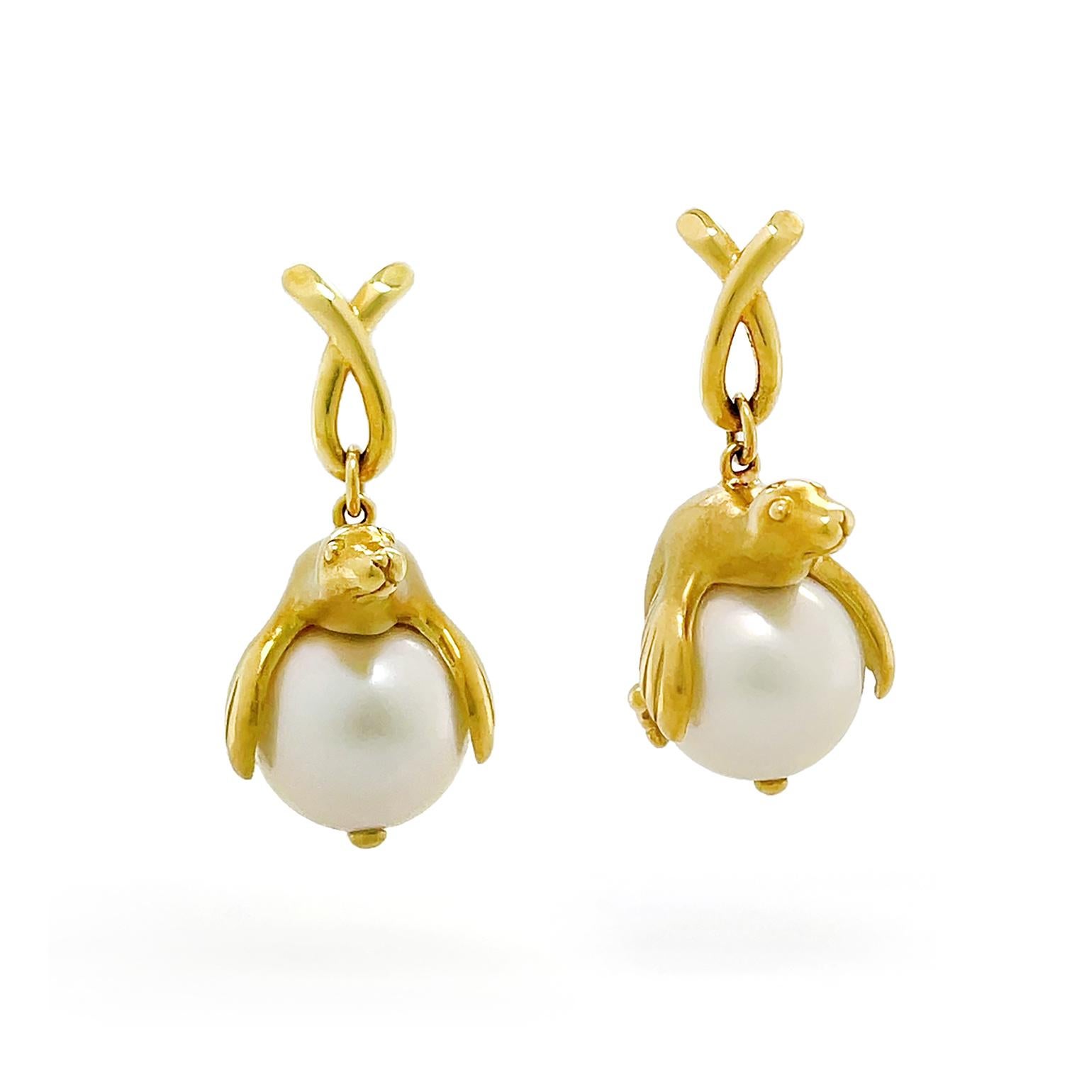 Round Cut 18K Yellow Gold Sea Lion Sitting on South Sea Pearl Earrings For Sale