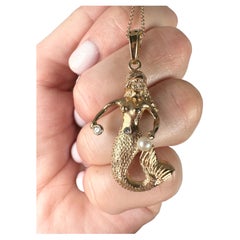 Sea Mermaid diamond pendant necklace 14KT yellow gold pendant mermaid charm 