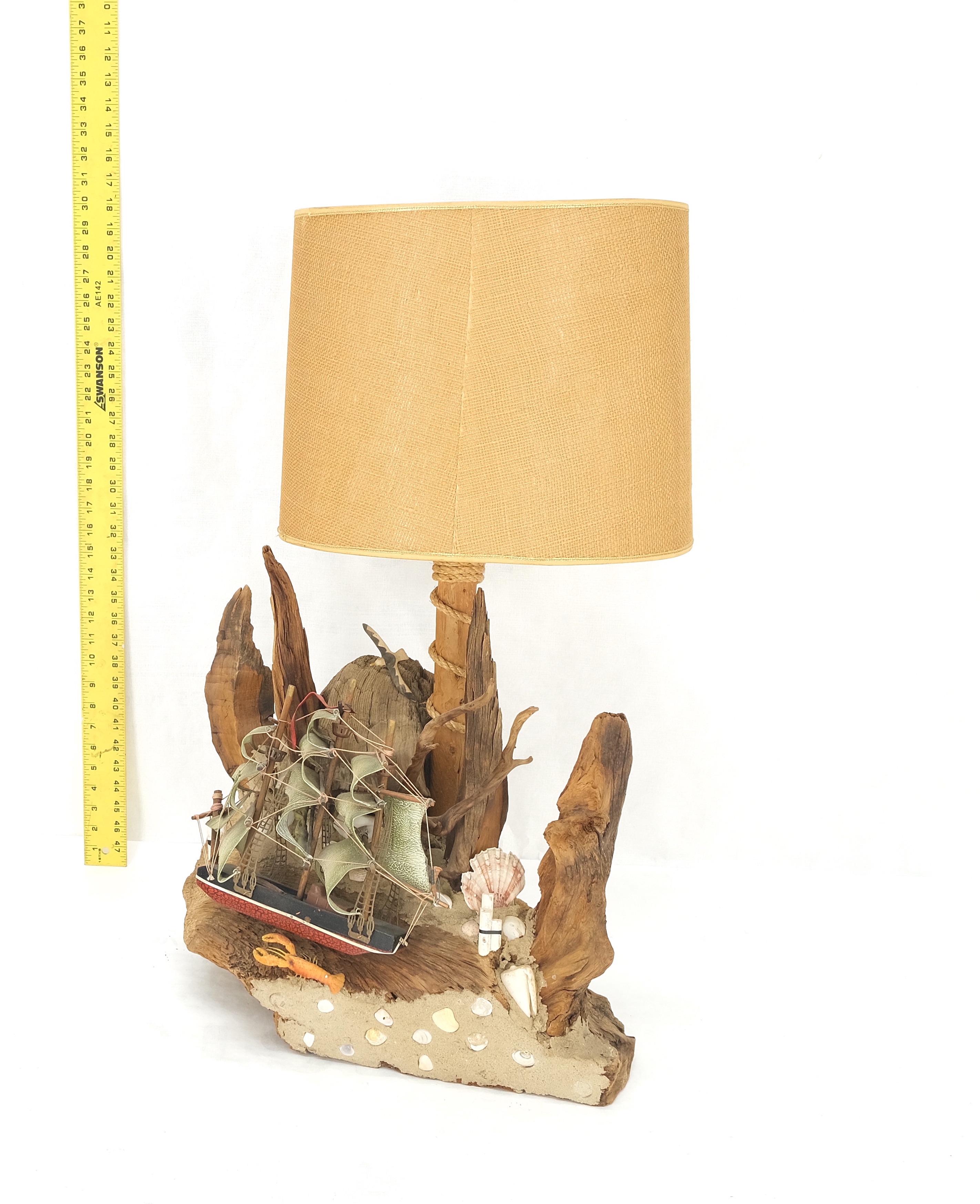 Sea Naval Shells Theme Decorated Driftwood Base Table Lamp Mid Century Modern MINT!