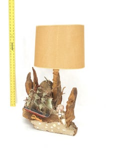 Sea Naval Shells Theme Decorated Driftwood Base Table Lamp Mid-Century Modern