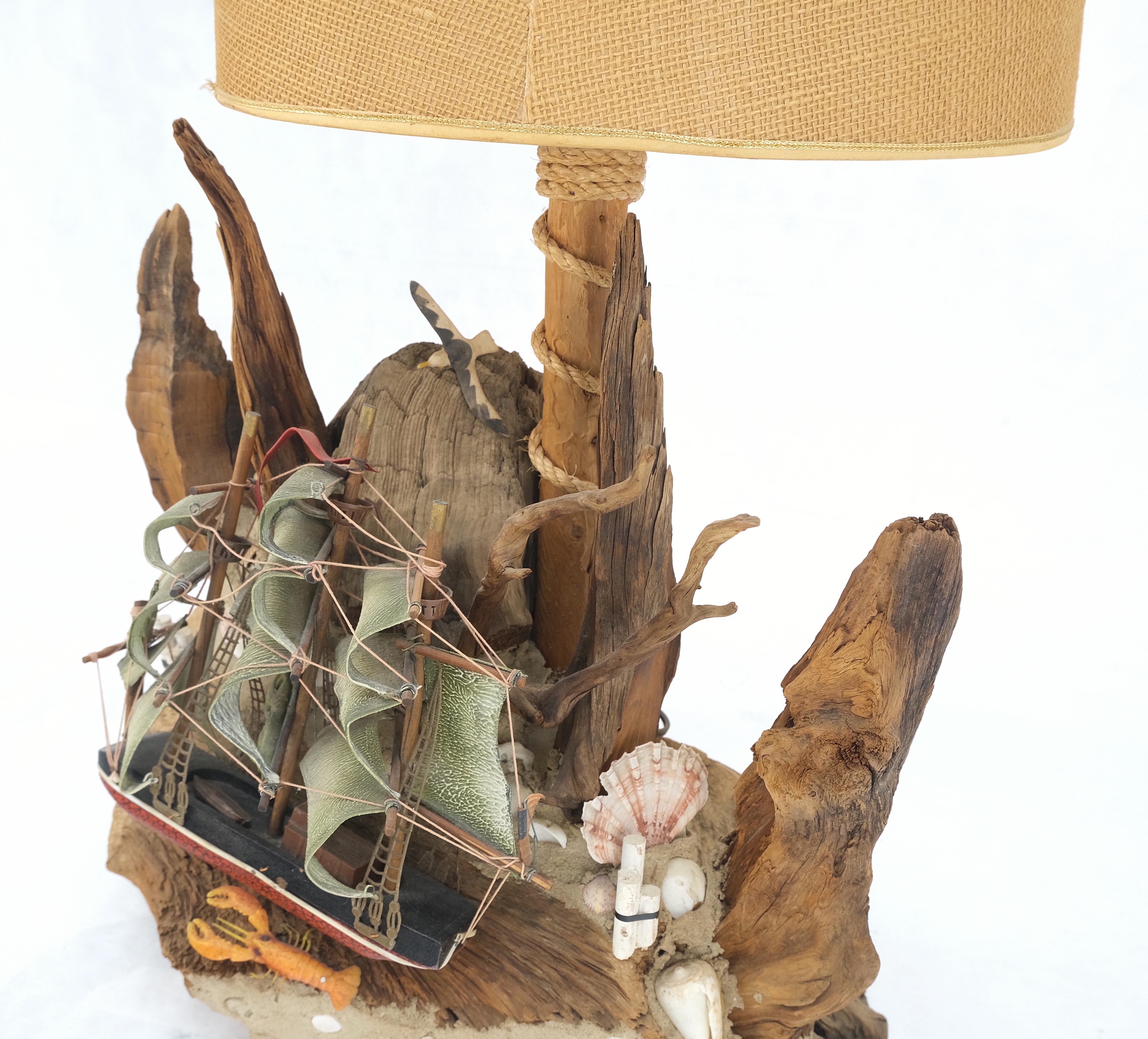 Painted Sea Naval Shells Theme Decorated Driftwood Base Table Lamp Mid-Century Modern For Sale