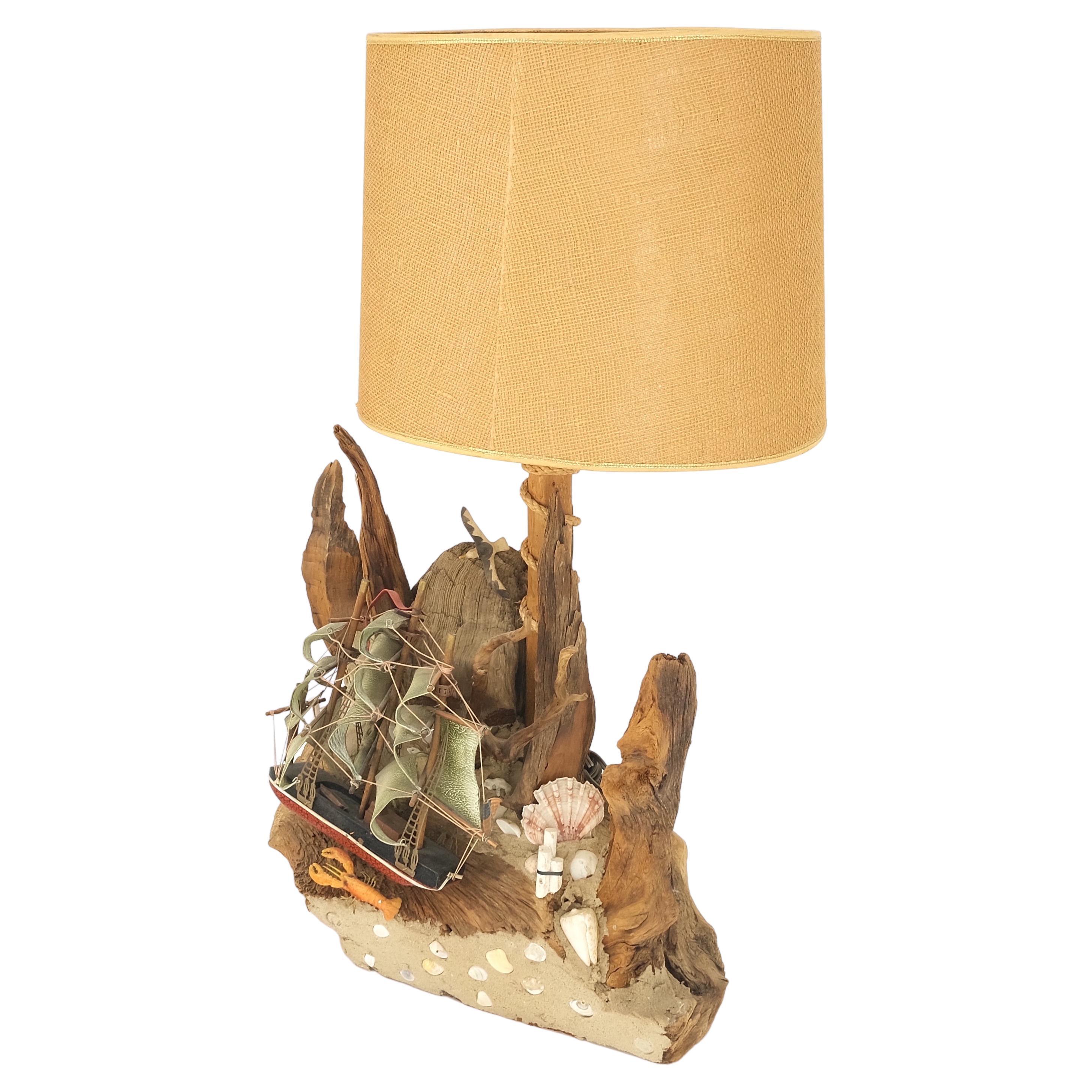 Sea Naval Shells Theme Decorated Driftwood Base Table Lamp Mid-Century Modern