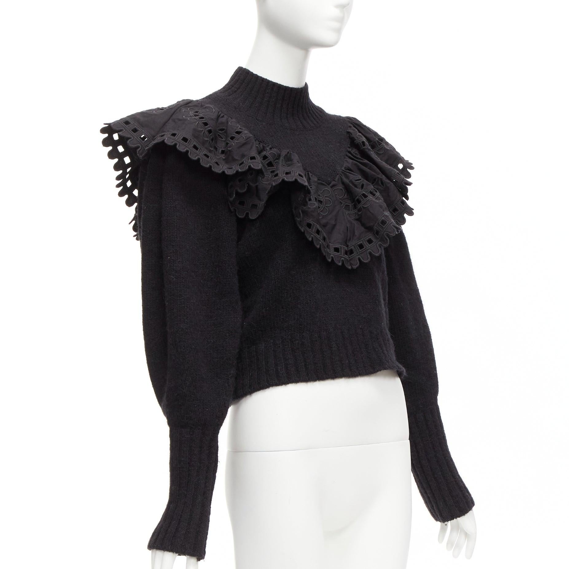 Black SEA NEW YORK black merino wool alpaca Victorian ruffle crop sweater XS For Sale
