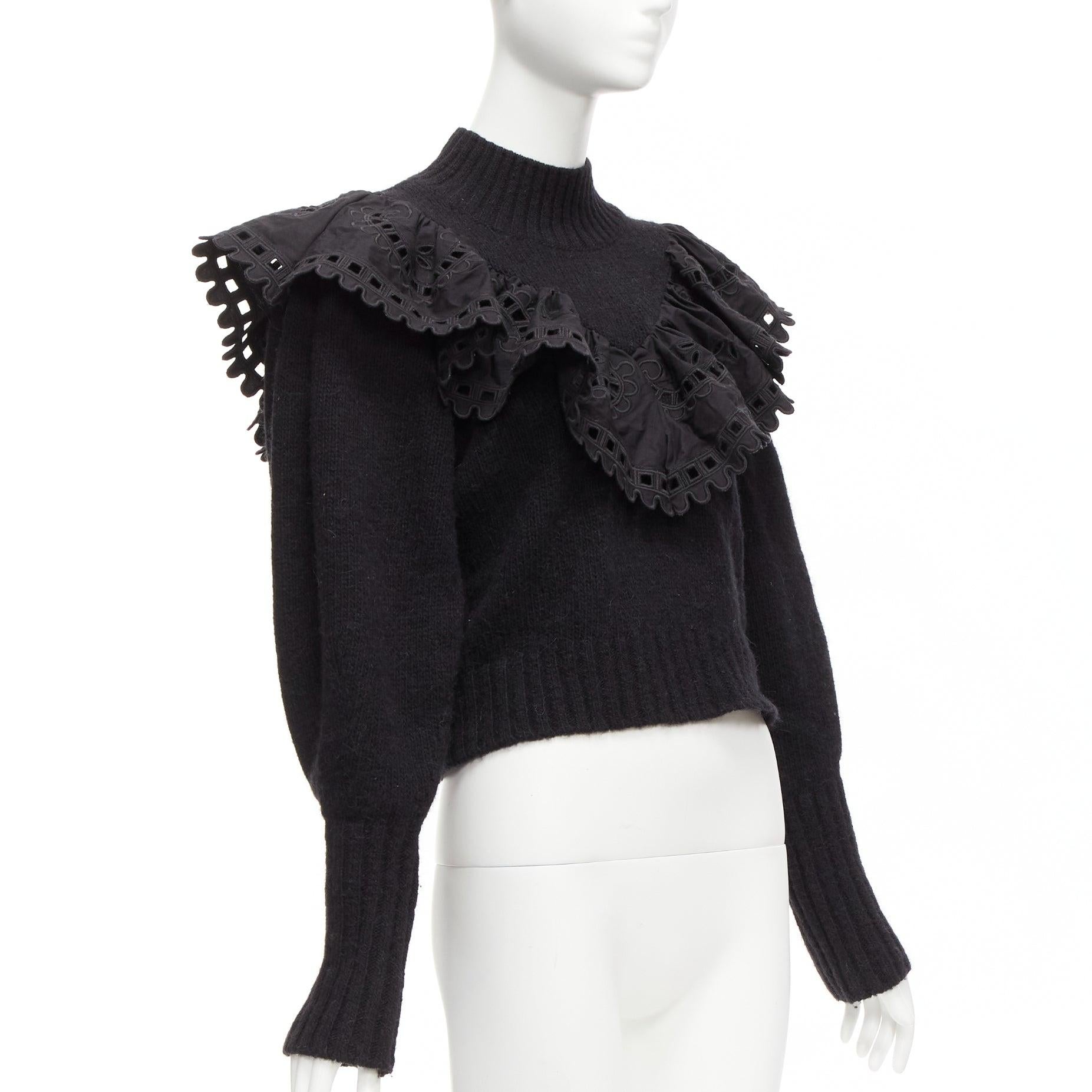 SEA NEW YORK black merino wool alpaca Victorian ruffle crop sweater XS In Excellent Condition For Sale In Hong Kong, NT