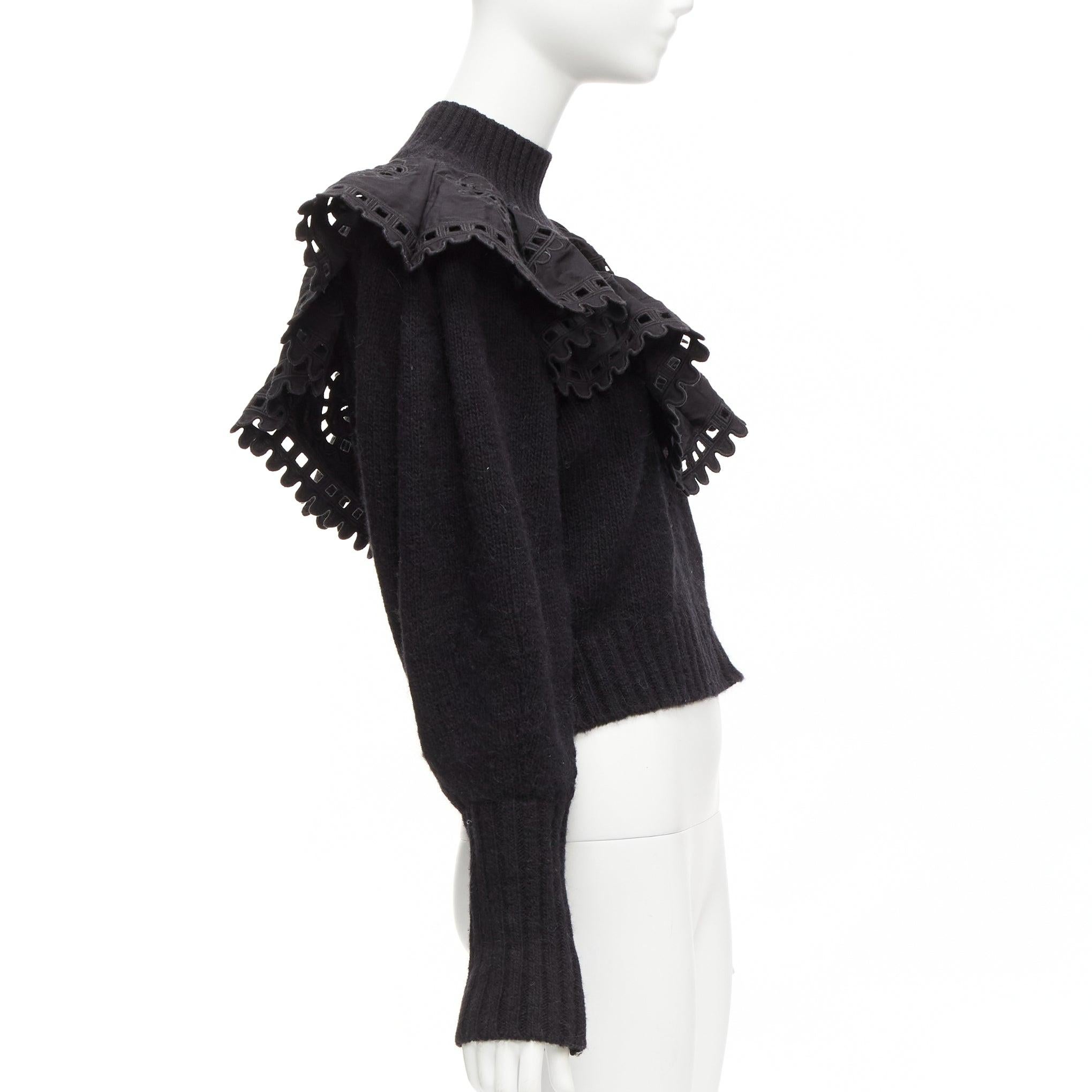 SEA NEW YORK black merino wool alpaca Victorian ruffle crop sweater XS In Excellent Condition For Sale In Hong Kong, NT