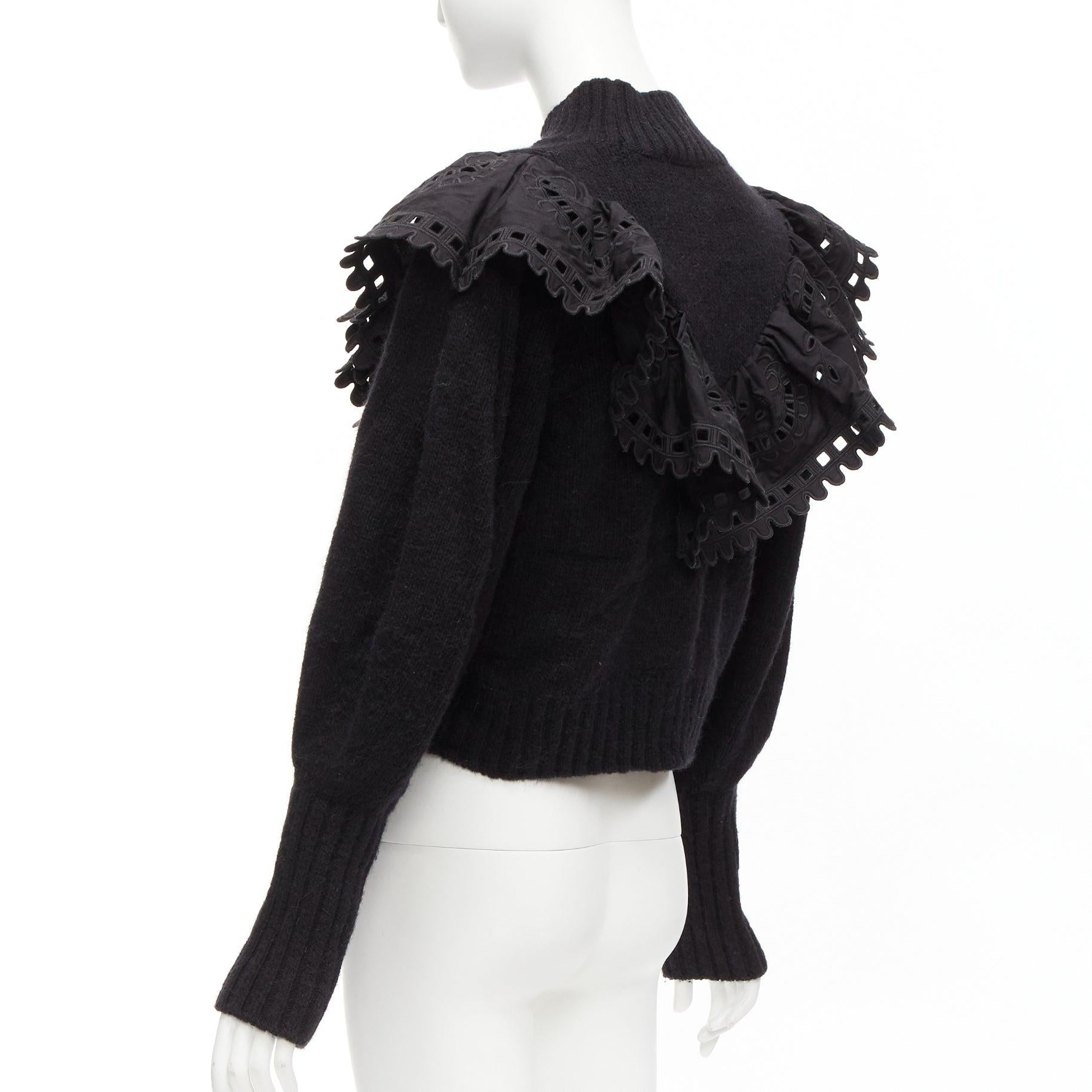 SEA NEW YORK black merino wool alpaca Victorian ruffle crop sweater XS For Sale 2