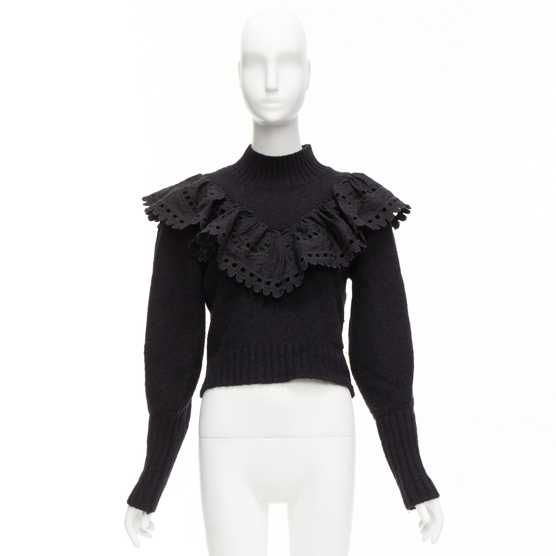 SEA NEW YORK black merino wool alpaca Victorian ruffle crop sweater XS For Sale 4