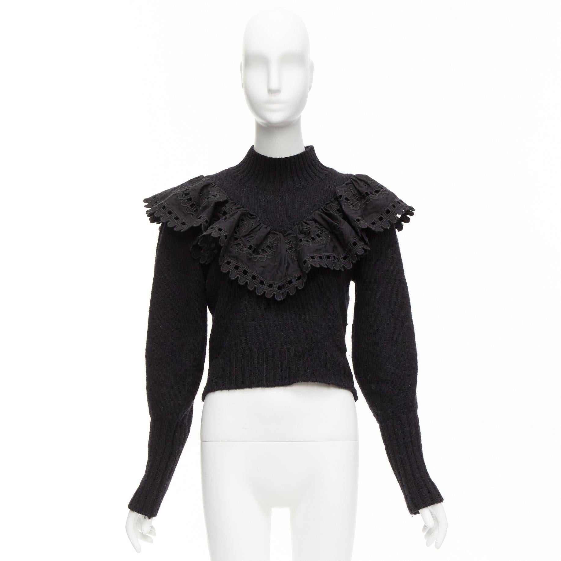 SEA NEW YORK black merino wool alpaca Victorian ruffle crop sweater XS For Sale 5