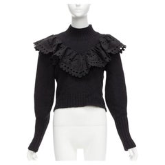 SEA NEW YORK black merino wool alpaca Victorian ruffle crop sweater XS