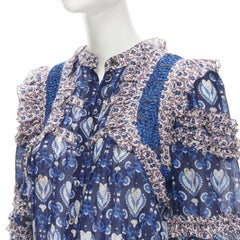 SEA NEW YORK blue floral print ruffle trim long sleeve romper playsuit US0 XS