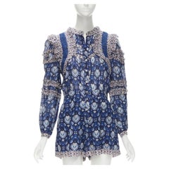 SEA NEW YORK blue floral print ruffle trim long sleeve romper playsuit US0 XS