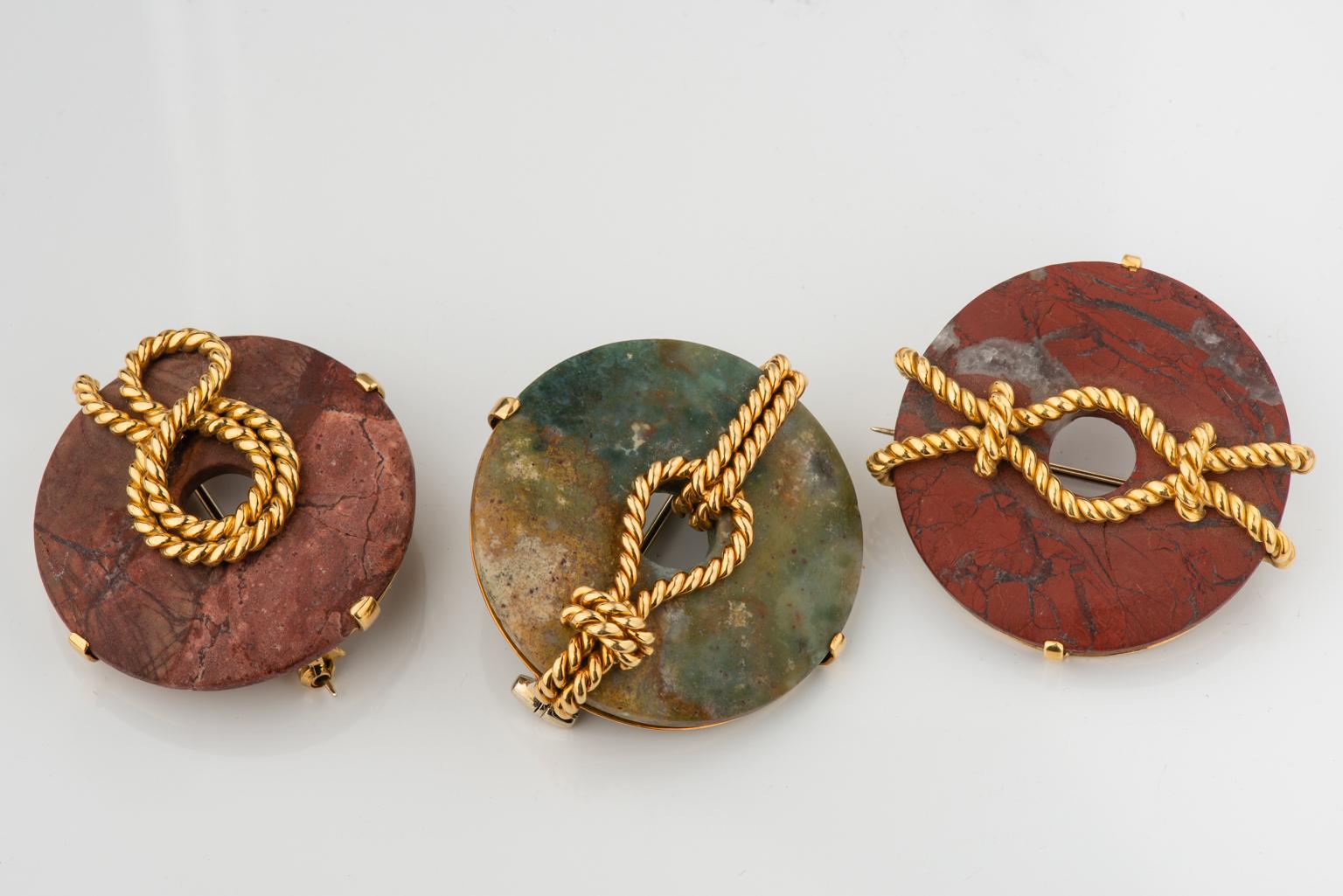 Modern Unusual Brooch with Jasper and Gold Sea Nots For Sale