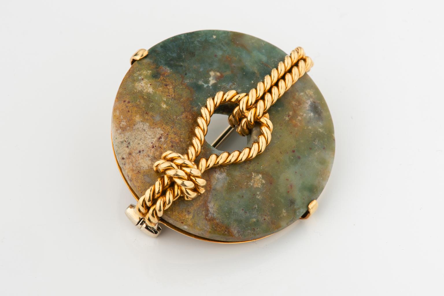 Precious Stone Unusual Brooch with Jasper and Gold Sea Nots