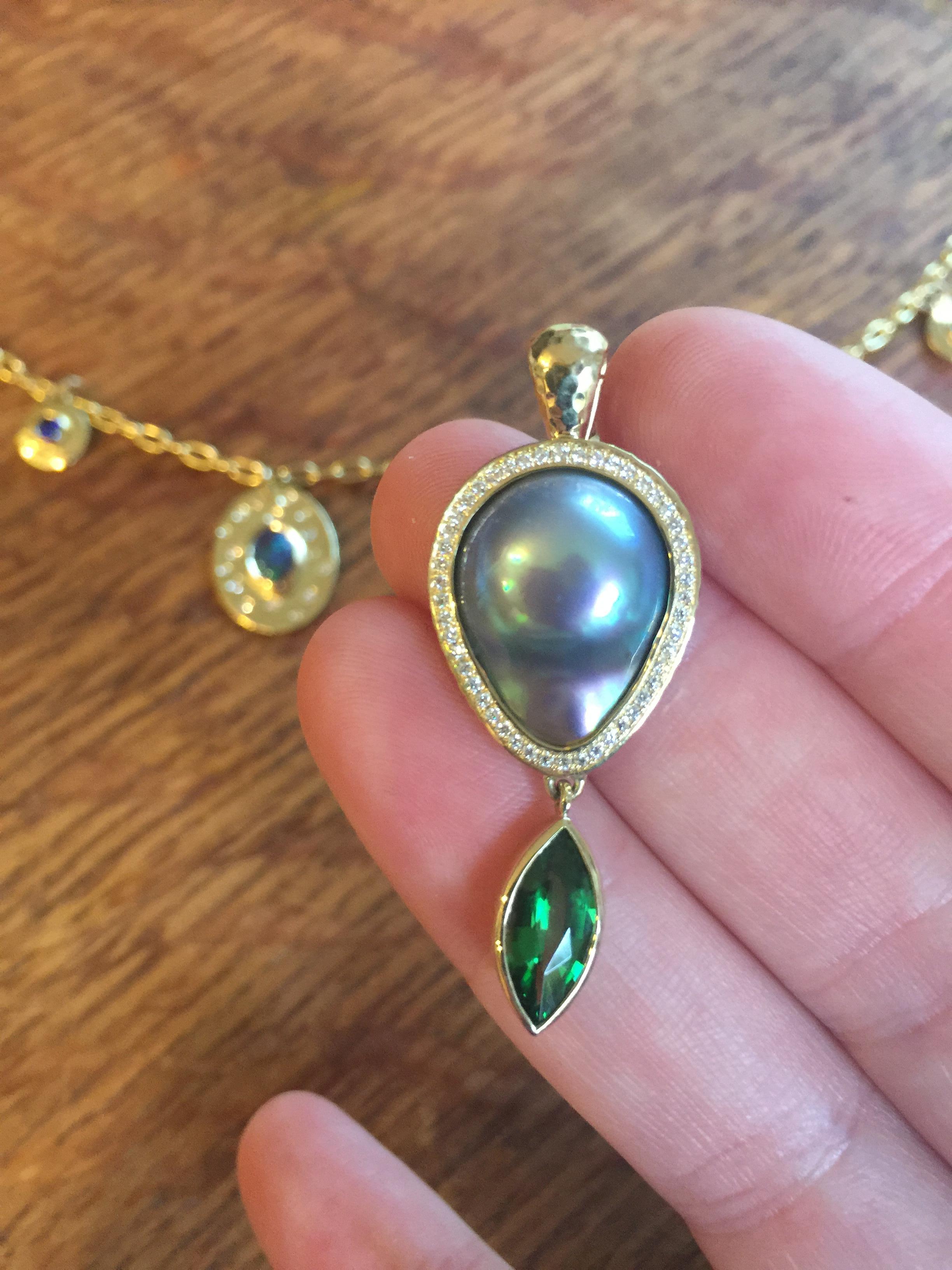 Sea of Cortez Pearl, Diamond and Tsavorite Pendant Necklace In New Condition In Berkeley, CA